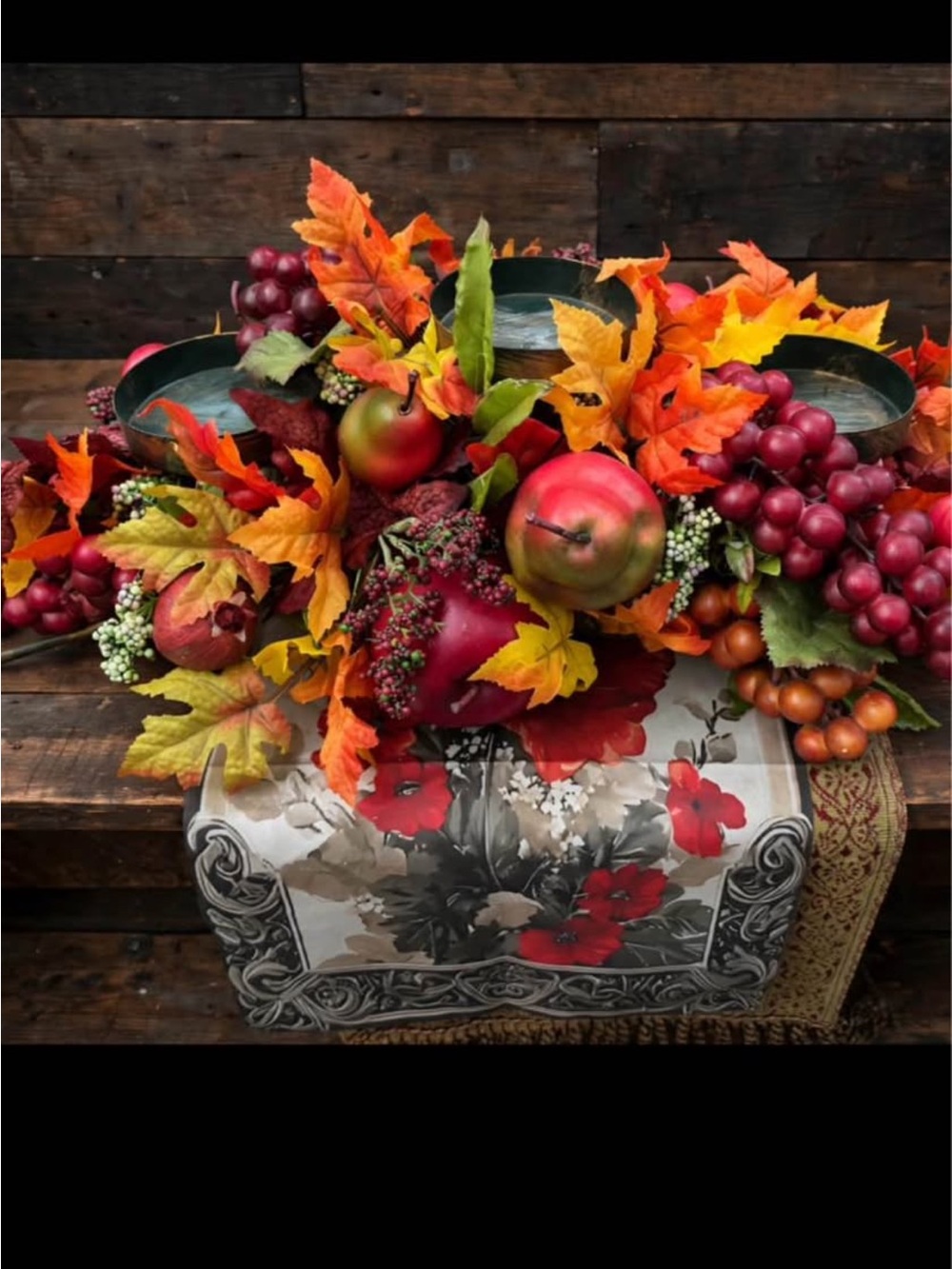 Autumn Harvest Faux Fruit and Foliage Centerpiece with Red and Orange Accents